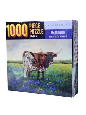 AmericanFlat Jigsaw Puzzle My Flowers Cow Farm 1000 Pc New Sealed NIB 18 x 24 in